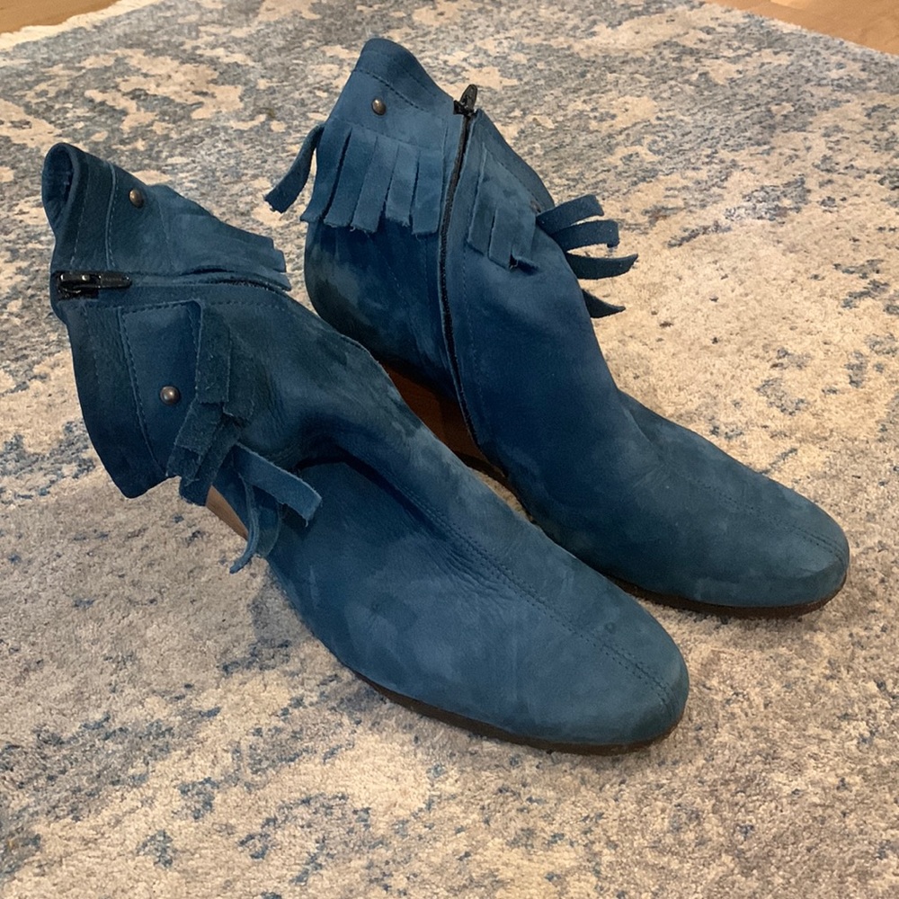 Arche blue fringe ankle boots with wedge
